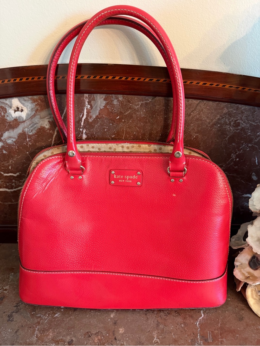 kate spade Red Leather Dome Satchel with Double Top Handles